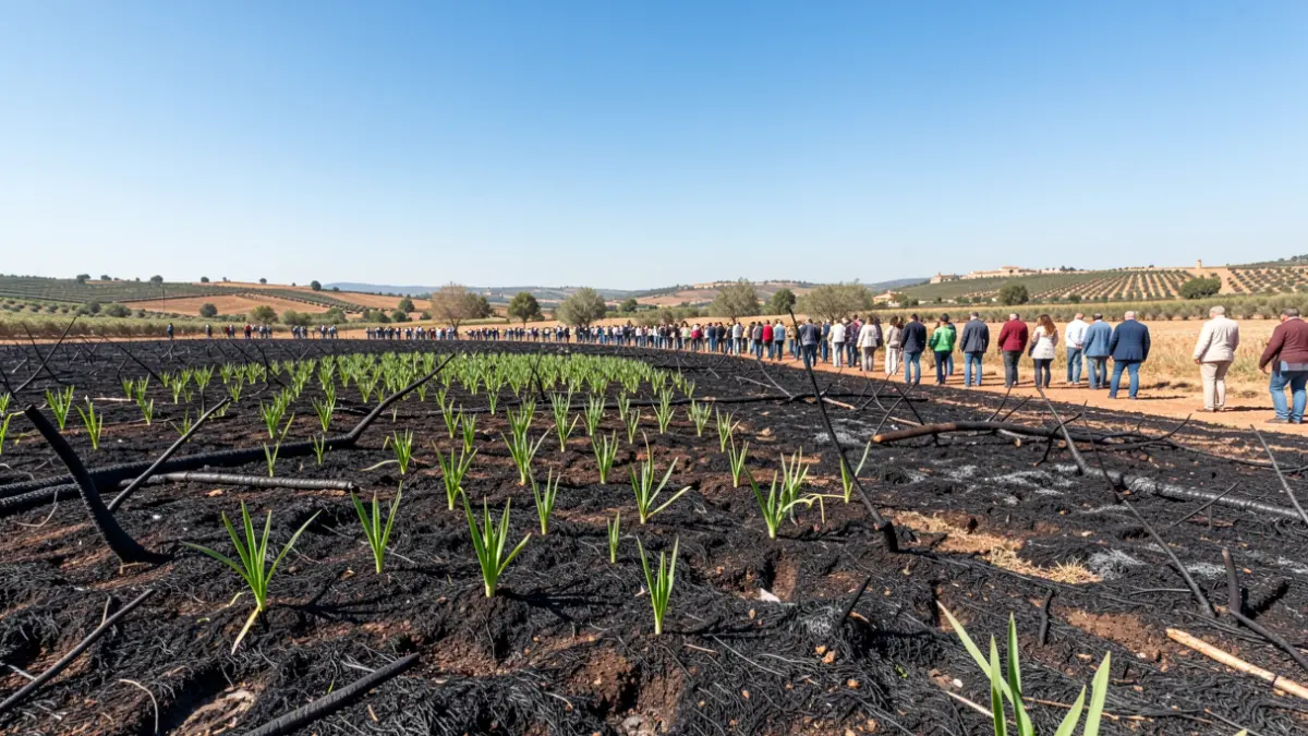 Andalusian rural landscape recovering after a fire, with green shoots emerging from scorched earth.