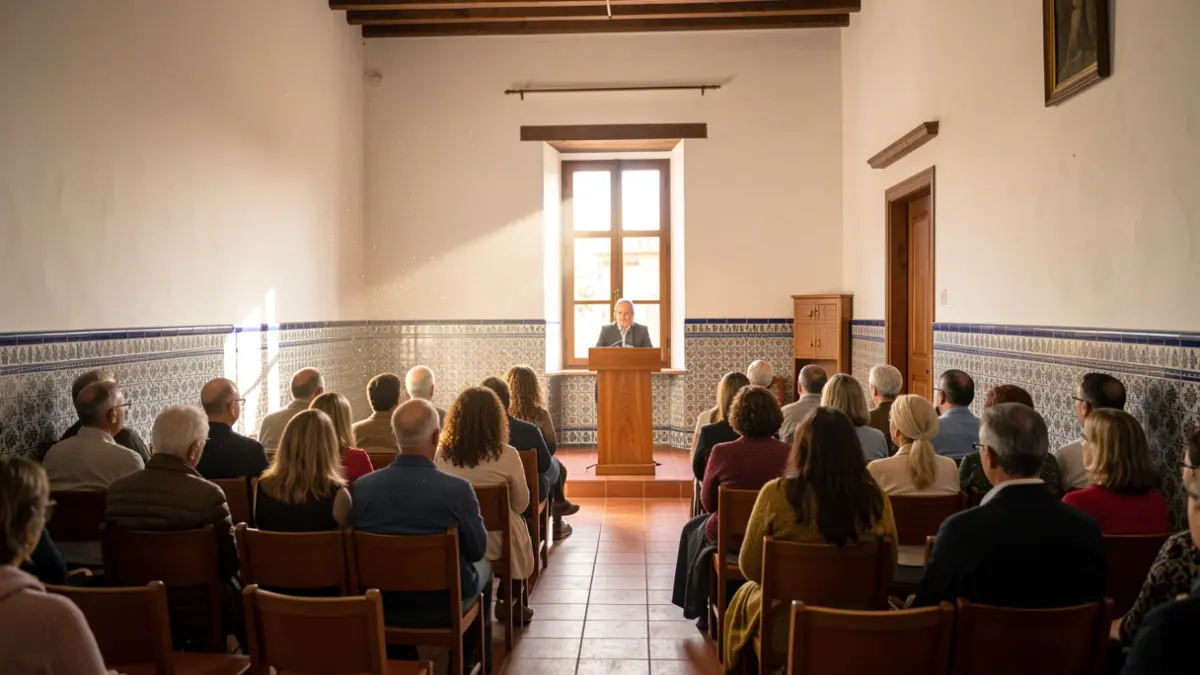 Generic image of an Andalusian cultural center with empty chairs and sunlight.