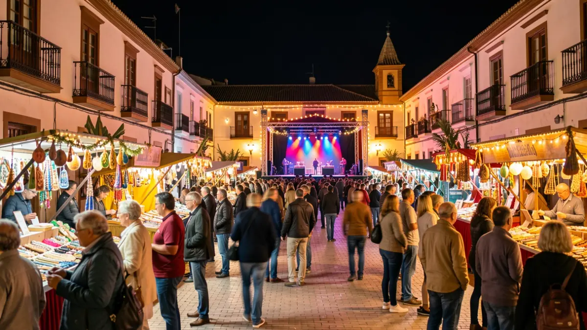 Imagen genérica de una verbena popular andaluza por la noche, con luces y ambiente festivo.