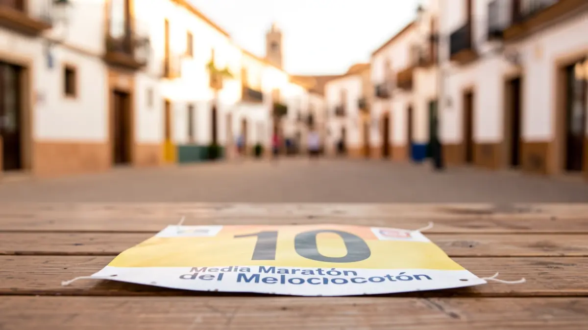Runner's bib for the Peach Half Marathon on a table with an Andalusian town square in the background.