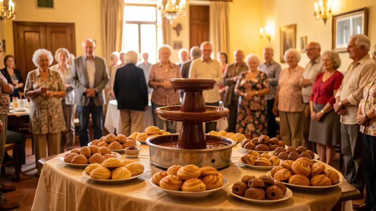 Generic image of a community celebration with sweets and elderly people.