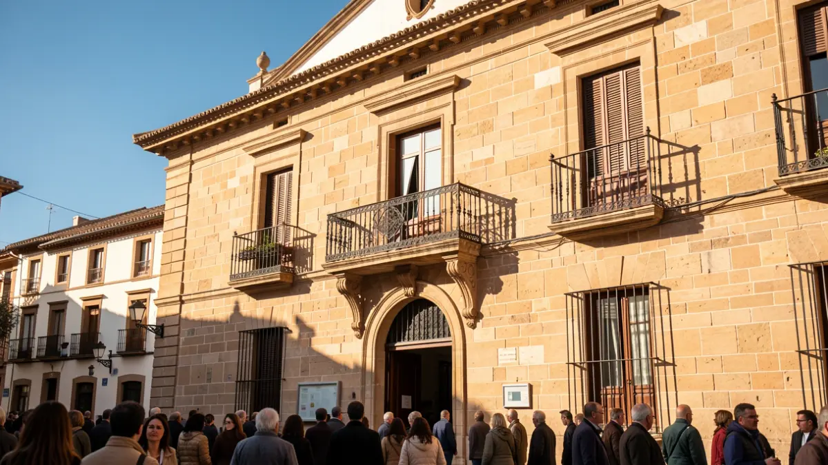 Facade of an Andalusian town hall with a balcony and iron railings, warm afternoon light, blue sky.