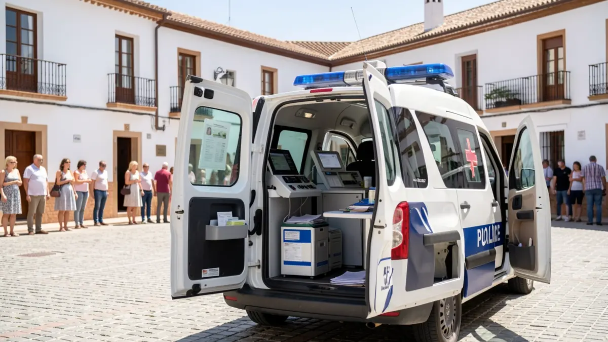 National Police mobile unit issuing DNI and Passport in Guillena.
