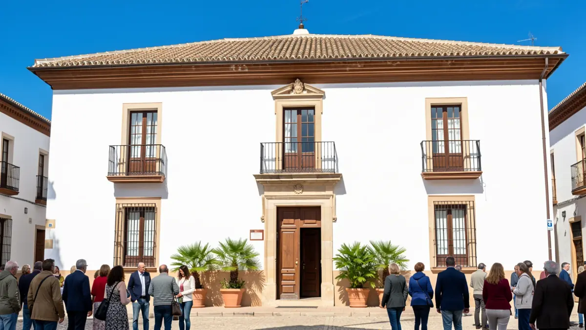 Fachada de un ayuntamiento andaluz tradicional con paredes blancas y tejado de tejas, bajo un cielo azul brillante.