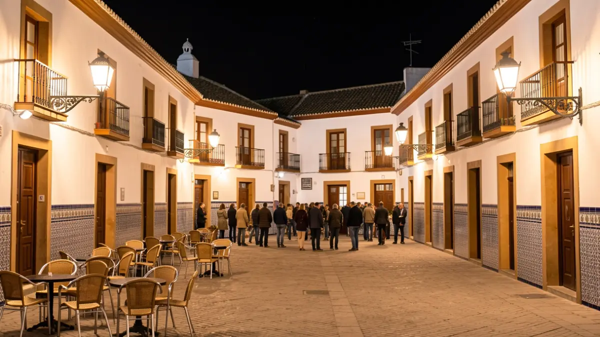 Imagen genérica de una plaza de pueblo andaluz por la noche, con farolas y arquitectura tradicional.