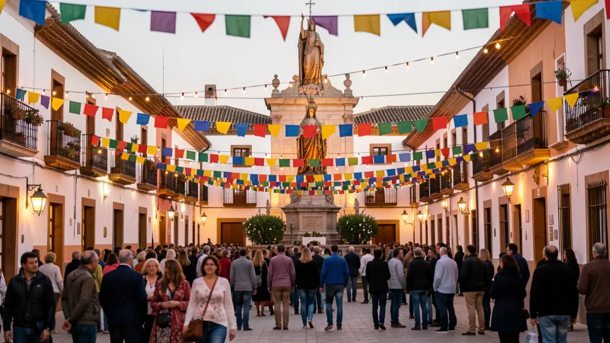Plaza del pueblo decorada para una fiesta local con la Virgen del Pilar.