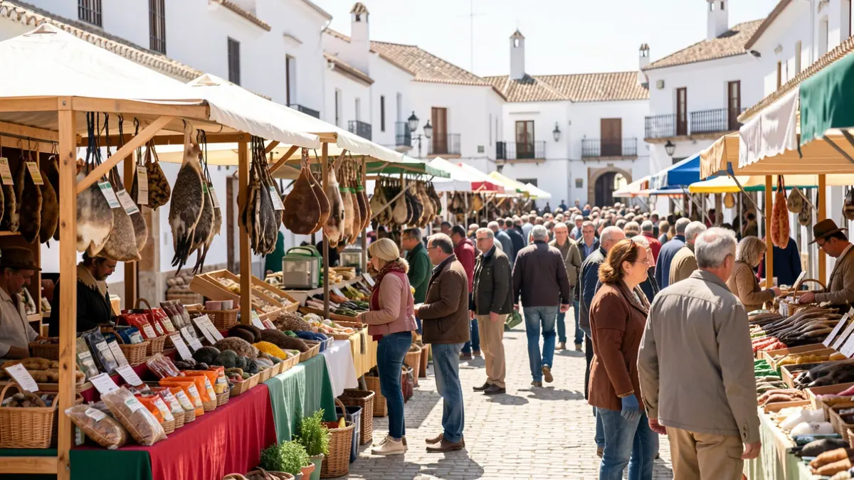 Imagen genérica de una feria agrícola y ganadera en Andalucía con puestos y público.