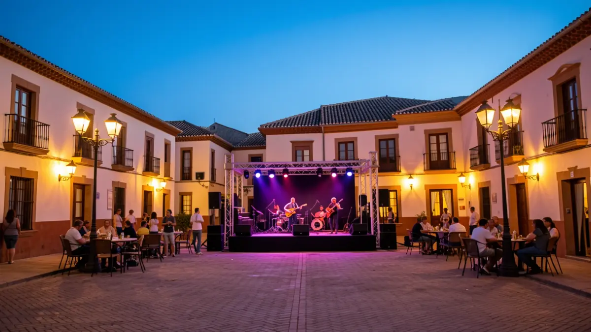 Plaza de España de Guillena iluminada por la noche durante las fiestas patronales.