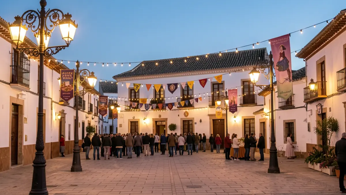 Plaza de pueblo andaluz decorada con luces de feria al atardecer.