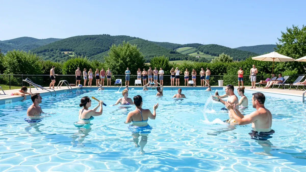 Imagen de personas haciendo pilates acuático en una piscina municipal con senderismo cercano.