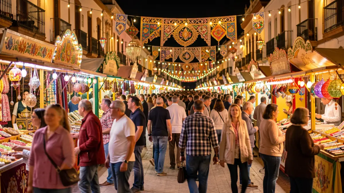 Imagen genérica de una feria andaluza de noche con luces y ambiente festivo.