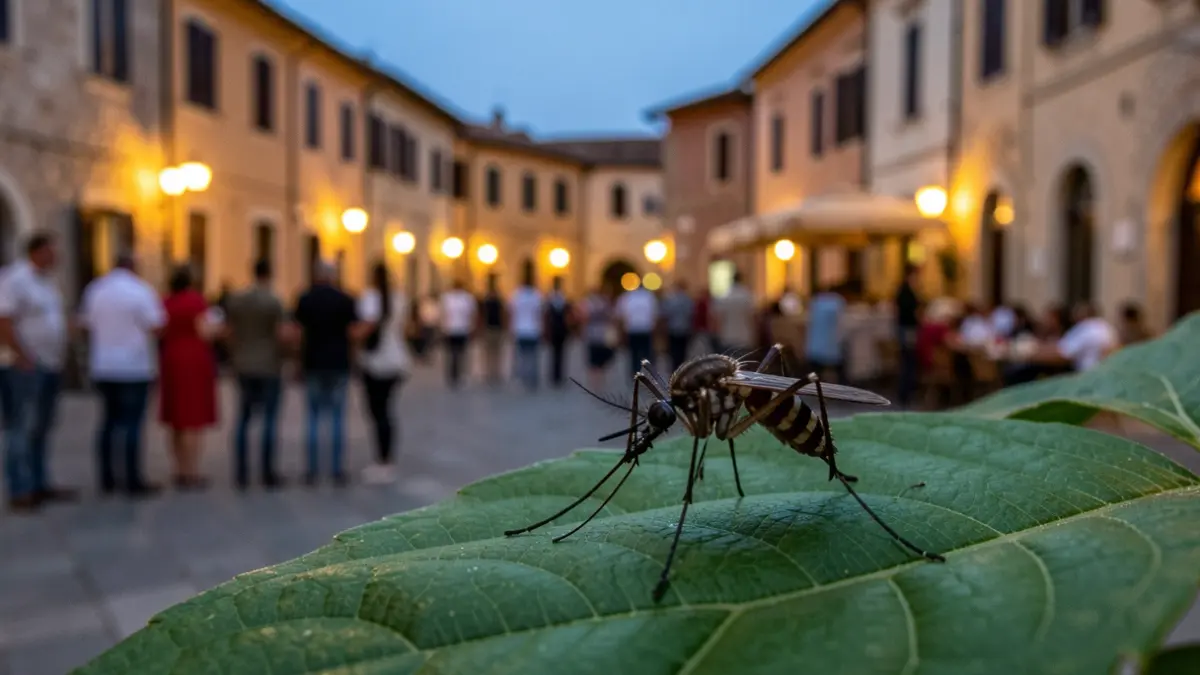 Mosquito on a leaf with a blurred background of an Andalusian town square at dusk.