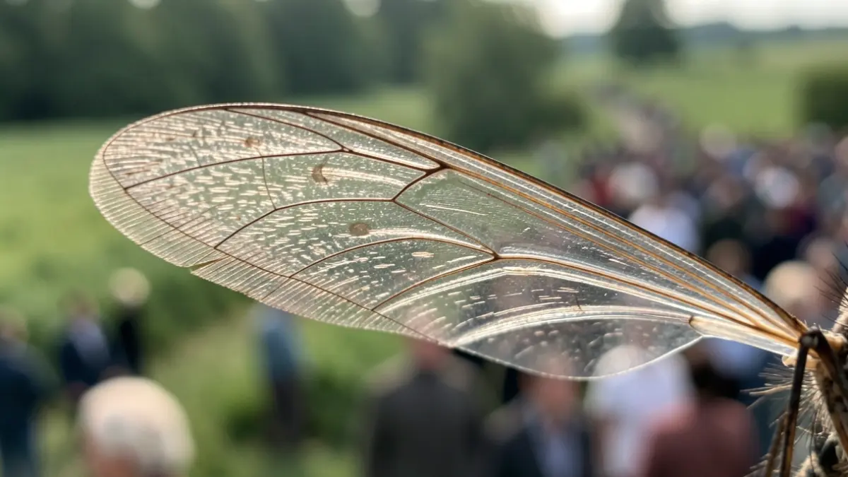 Primer plano del ala de un mosquito con detalles intrincados, iluminado por una luz suave y difusa. El fondo es un paisaje verde desenfocado.