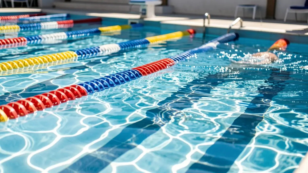Olympic swimming pool with marked lanes and crystal clear water under sunlight.