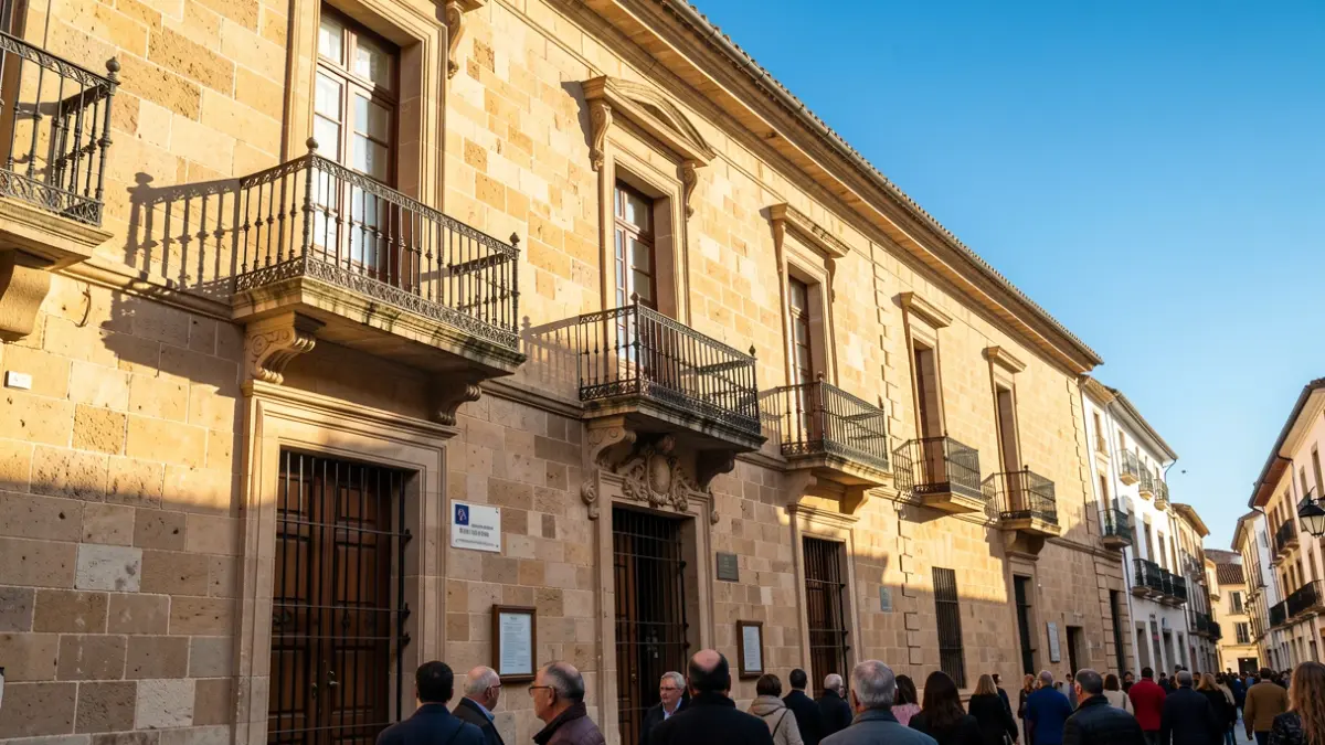 Fachada de piedra de un ayuntamiento andaluz con balcón y barandillas de hierro, luz cálida de la tarde.