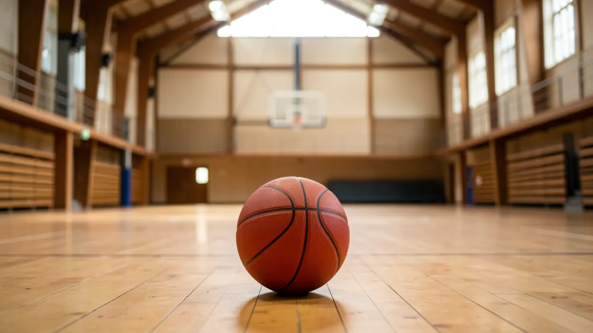 Balón de baloncesto sobre el parqué de un pabellón deportivo vacío.