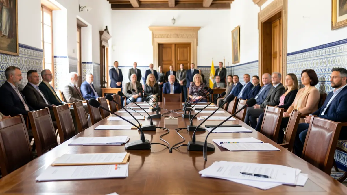 Imagen de una mesa de reuniones en un ayuntamiento andaluz con material oficial.