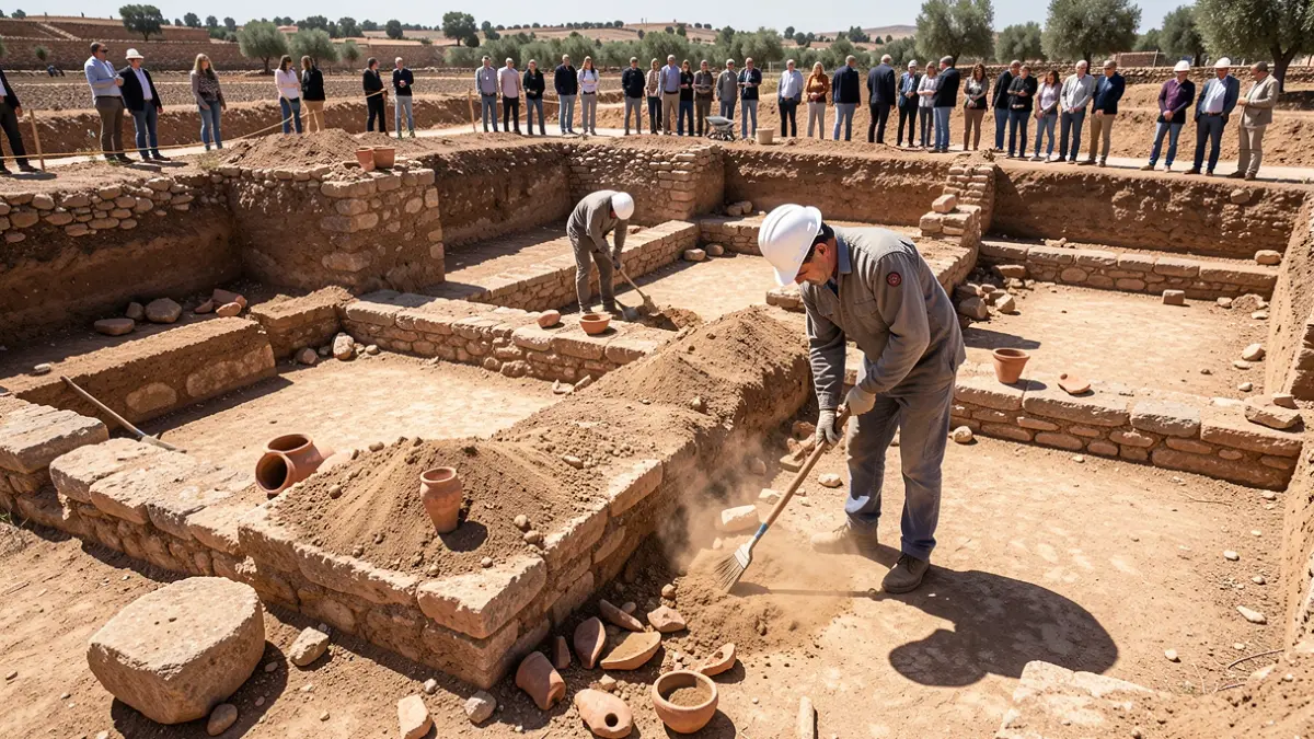 Archaeological excavation at Las Piedras del Cardado, Bailén, showing ancient structures and pottery fragments.