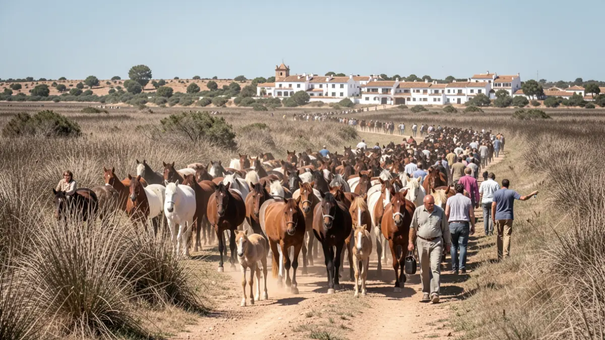 Manada de caballos y potros siendo conducidos desde las marismas de Doñana hacia el municipio de Hinojos.