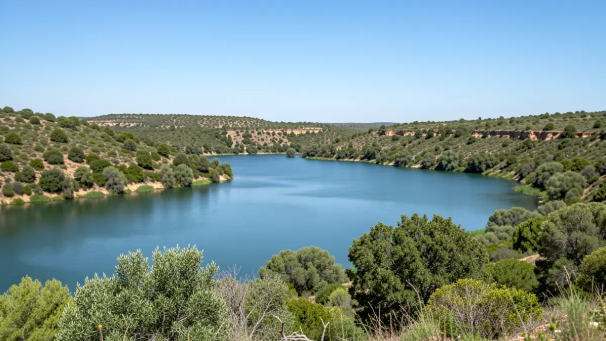 Vista del embalse de Fuente La Zarza y su entorno natural protegido en Hinojosa del Duque.