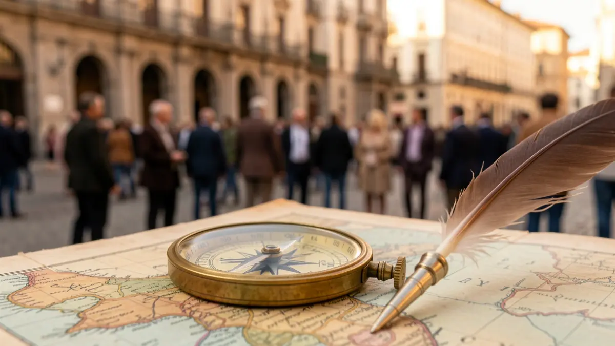 Close-up of an antique naval compass and a quill pen on a map, with blurred Spanish architecture in the background.