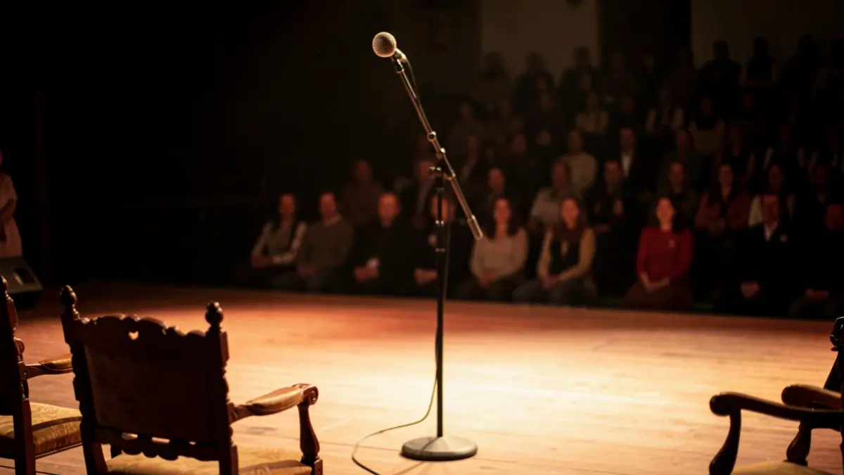 Flamenco festival stage scene with a microphone and empty chairs, illuminated by warm spotlights.