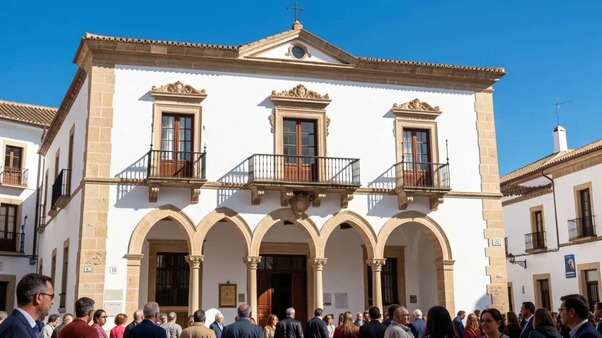 Fachada del Ayuntamiento de Hornachuelos con arquitectura andaluza tradicional bajo un sol brillante.