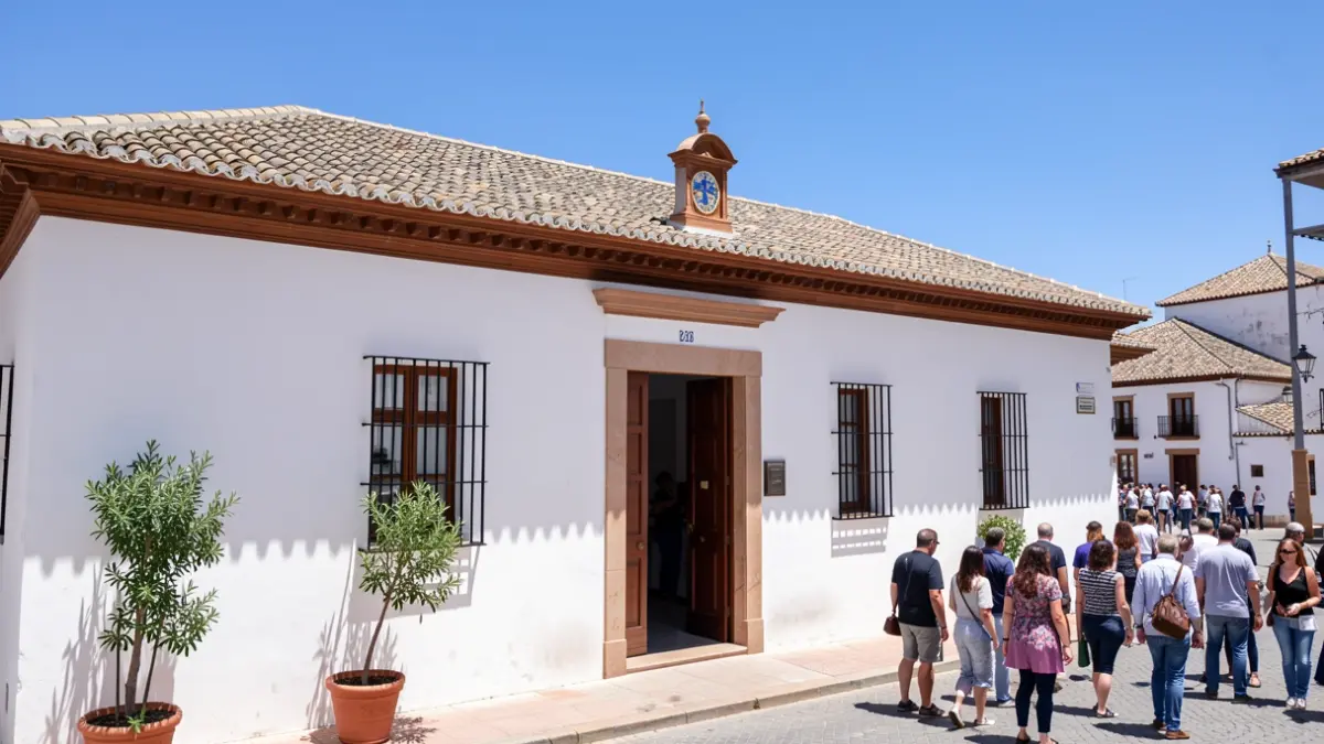 Facade of an Andalusian town hall with white walls and traditional tiled roof, under the midday sun.