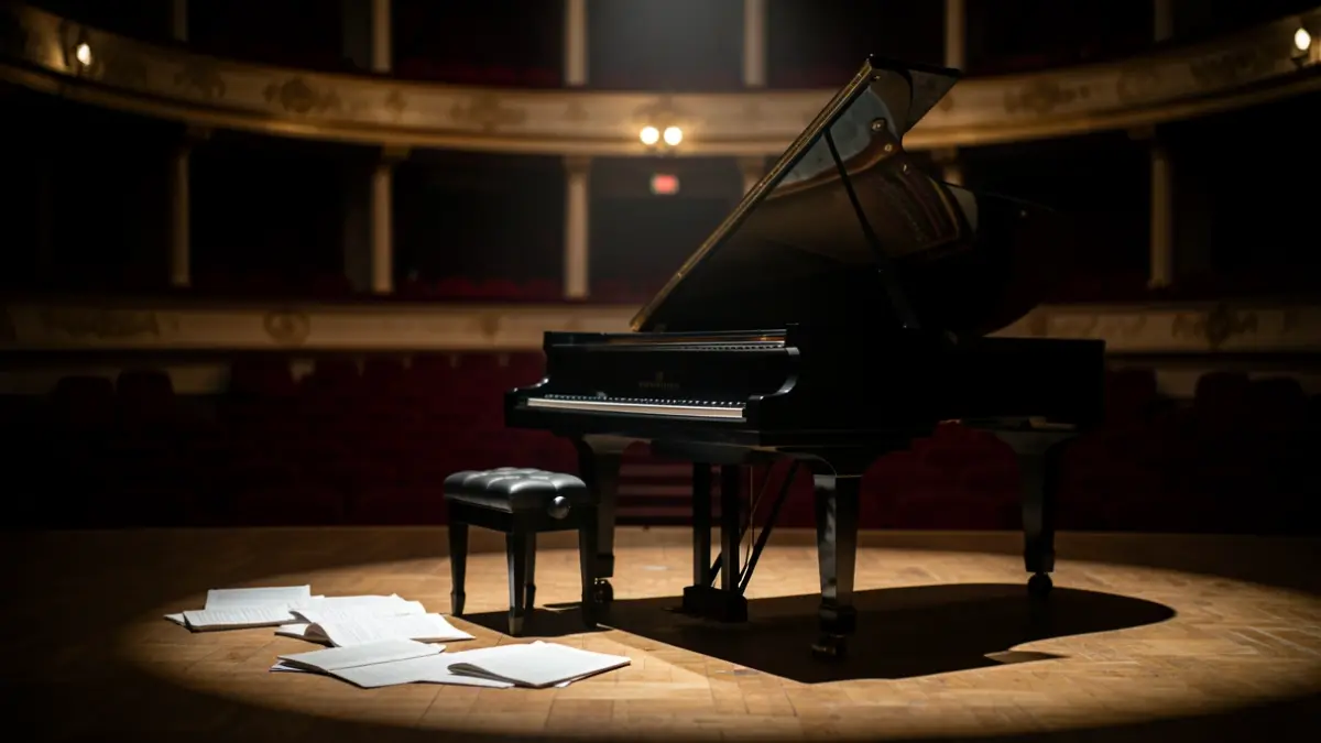 Theater scene with a piano and sheet music on an illuminated stage.