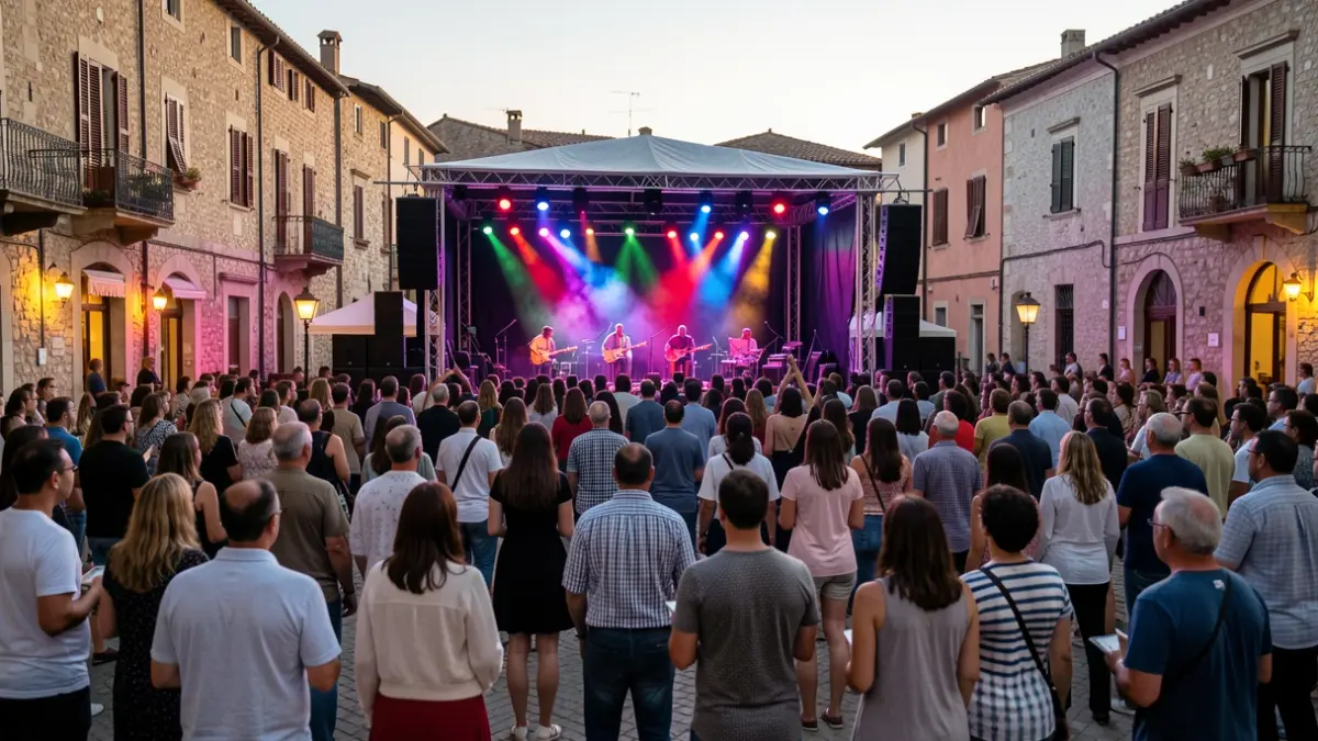 Imagen genérica de un escenario de música en una plaza de Andalucía al atardecer.