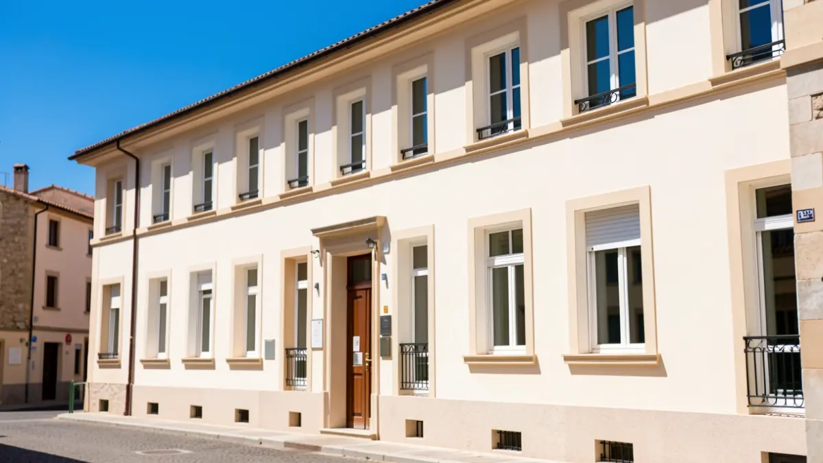 Facade of a school in Huércal-Overa with recently completed painting and maintenance work.