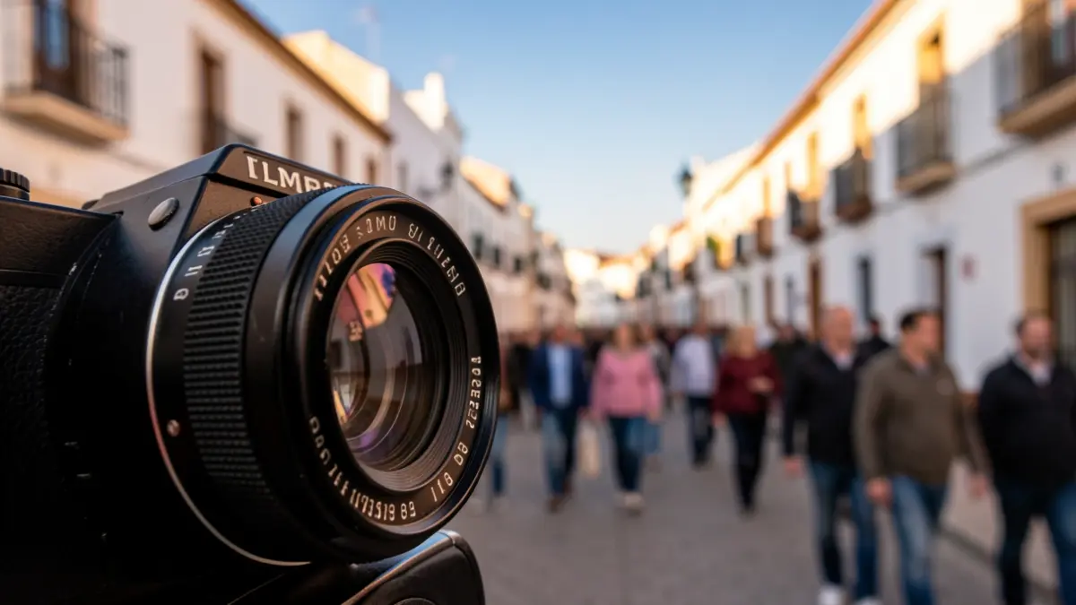 Primer plano de una lente de cámara antigua enfocando una escena callejera borrosa con gente, luz cálida de atardecer, estilo de fotografía documental, estética de Almería con edificios blancos y cielo azul.