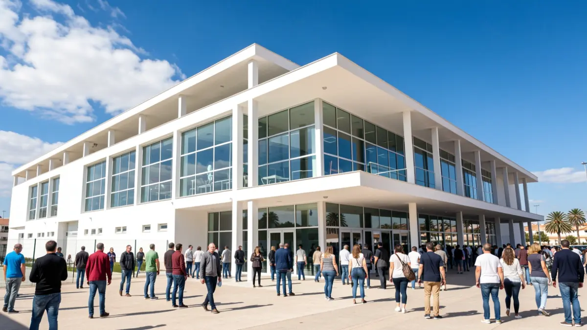 Fachada del nuevo Pabellón y Centro de Usos Múltiples de Ejido Norte, Andalucía.