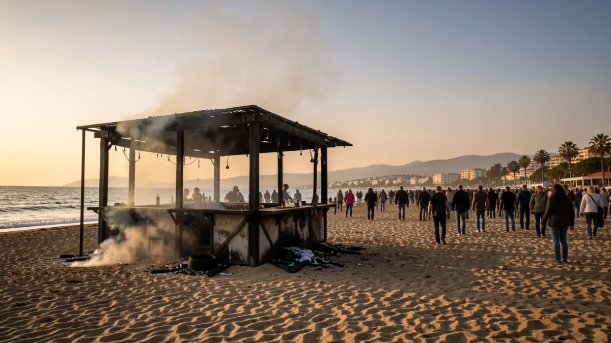 Image of a beach bar in Cadiz devastated by a fire at dawn.