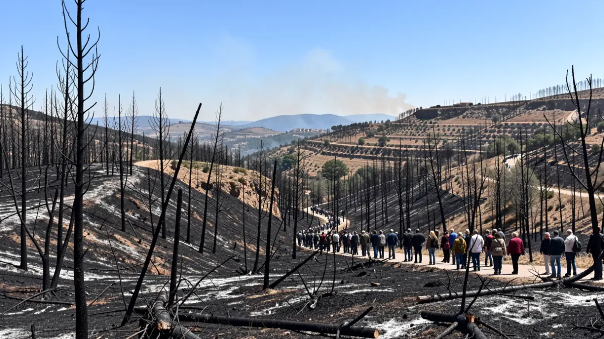 Paisaje desolado de árboles quemados y tierra calcinada tras un incendio forestal.