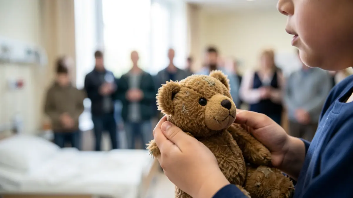 Close-up of a child's hands holding a teddy bear, with a blurred hospital in the background.