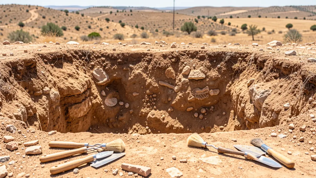 Paleontological excavation in Baza with fossils and scientific tools.