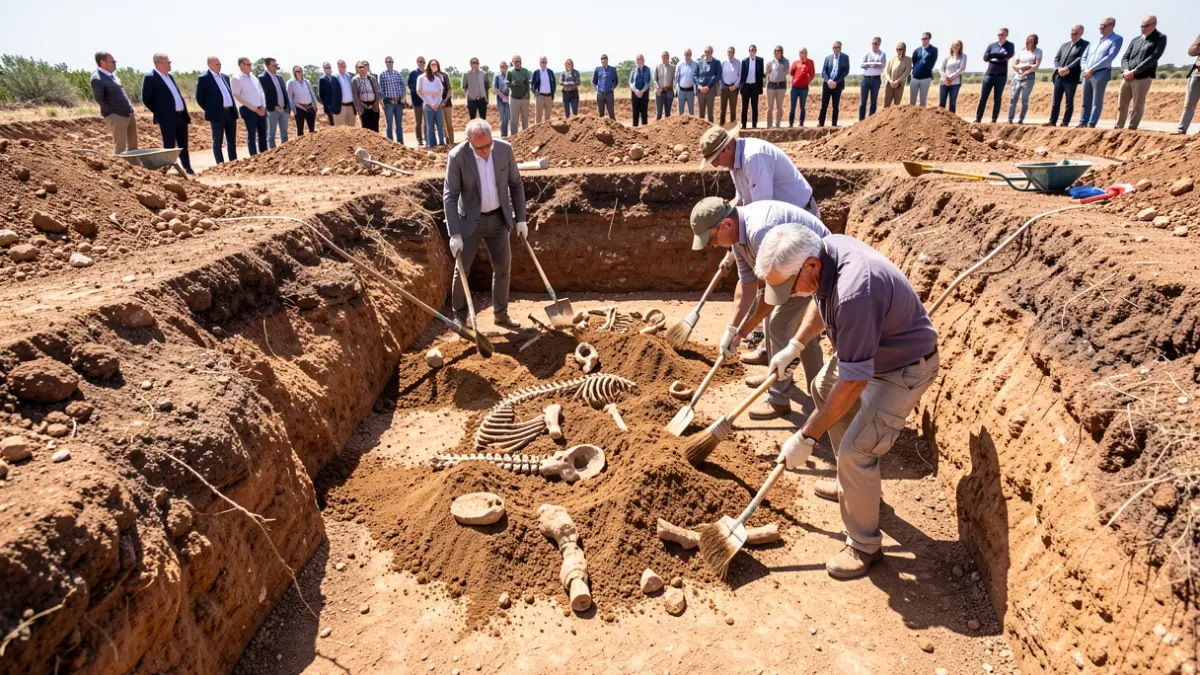 Excavación paleontológica en Baza, Andalucía, con arqueólogos trabajando en un yacimiento rico en fósiles.