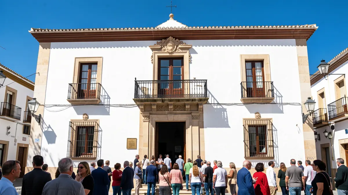Fachada del Ayuntamiento de Fuengirola con balcón y luz solar.