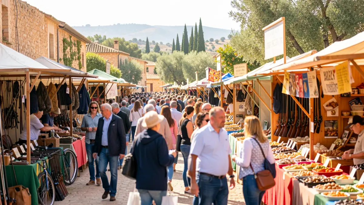 Generic image of a hunting and fishing fair in Andalusia with exhibitors and public.
