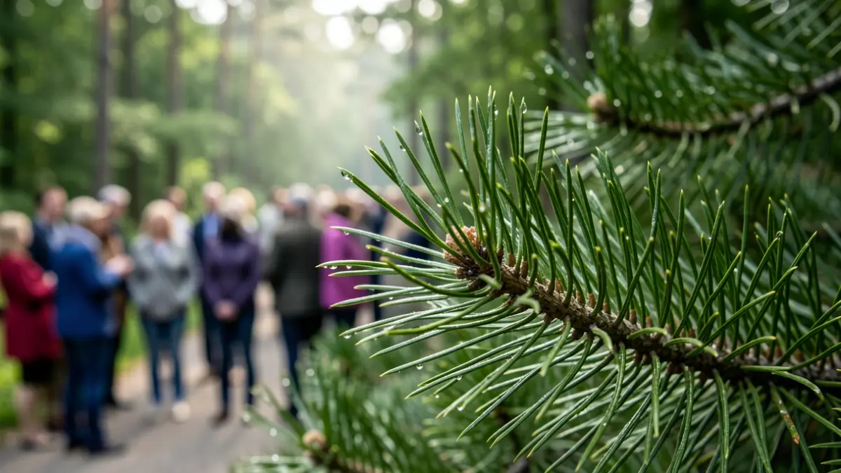 Close-up of pine needles with dew drops, blurred green forest background, soft morning light.