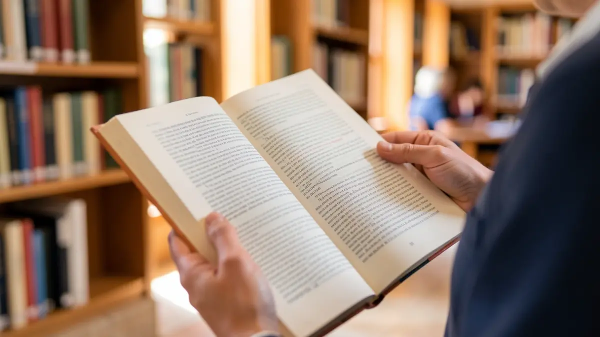 Close-up of a researcher's hands holding an open book with blurred text, with a soft focus background of a university library setting in Andalusia, warm natural light.