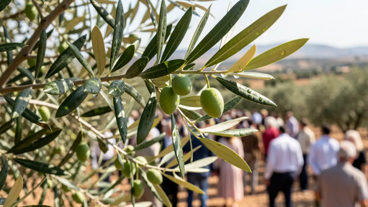 Primer plano de una rama de olivo con aceitunas en desarrollo y gotas de agua en las hojas, con un paisaje andaluz borroso al fondo.