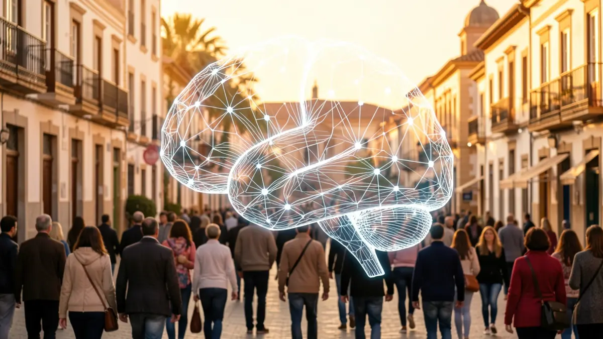 Representación abstracta de la inteligencia artificial y la transformación digital en Andalucía.