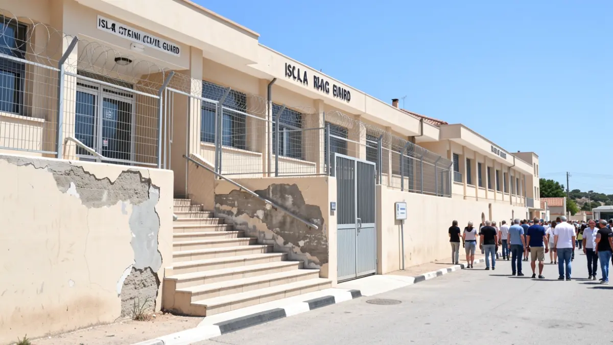 Fachada del cuartel de la Guardia Civil de Isla Cristina con mejoras en el cerramiento y acceso.