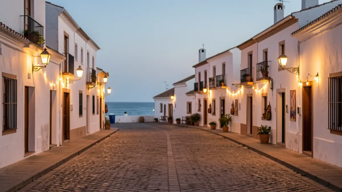 Plaza de un pueblo pesquero andaluz al atardecer, con luces cálidas iluminando edificios encalados y calles empedradas.