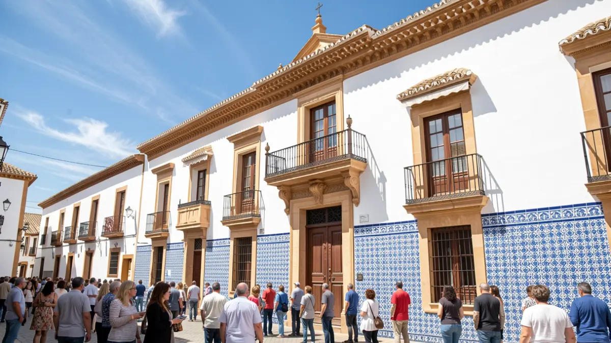 Facade of a traditional Andalusian town hall with white walls, blue tiles, and an ornate balcony, under bright sunlight.