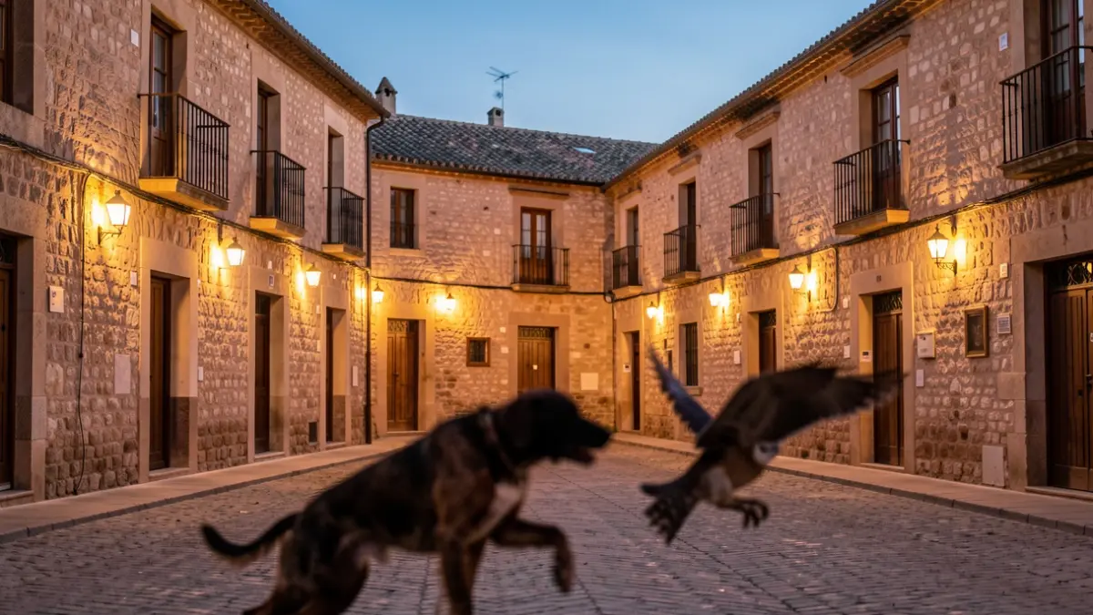 Plaza de pueblo andaluz al atardecer con perros de caza y aves rapaces.