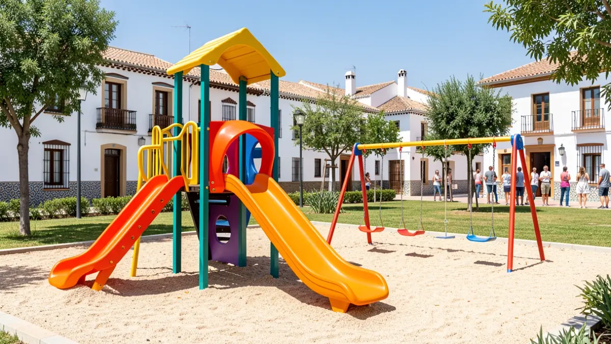 Image of a modern and colorful children's playground in Andalusia, with white buildings and tiled details in the background.