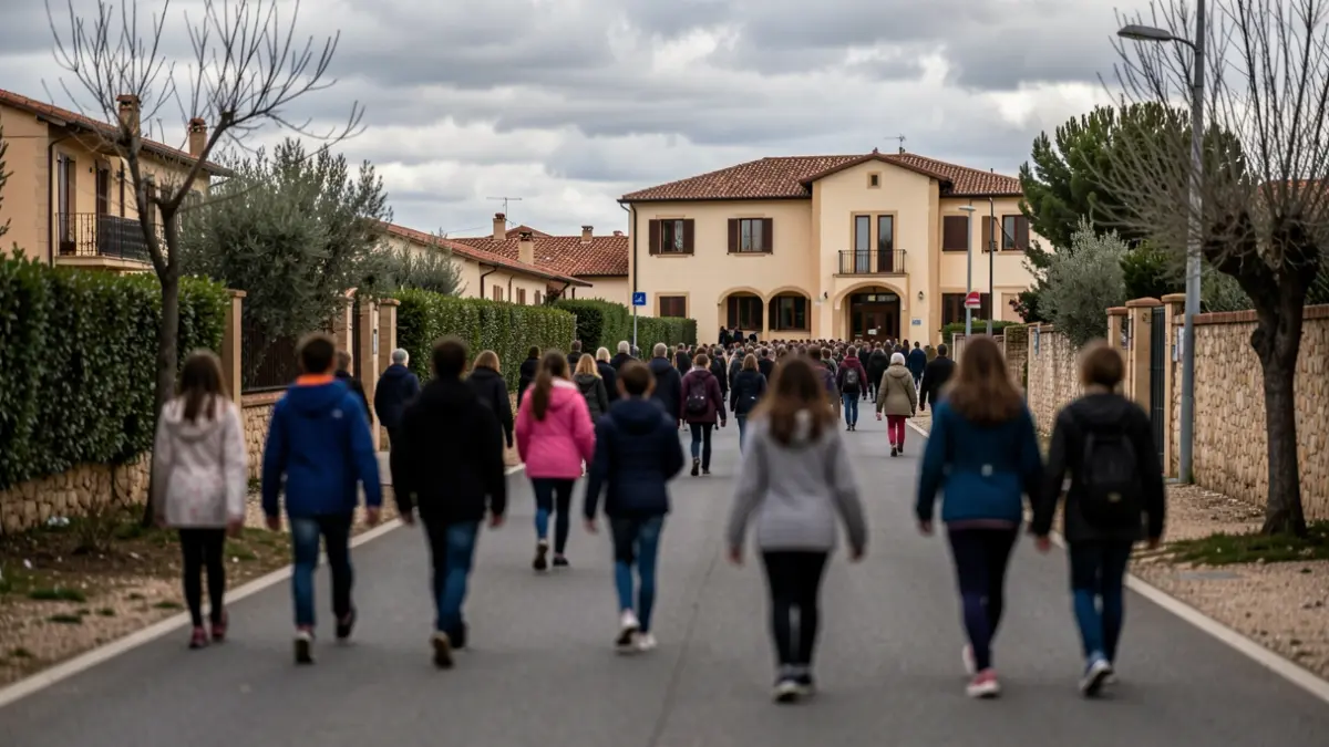 Imagen genérica de niños caminando hacia una escuela bajo un cielo nublado, representando la problemática del transporte escolar.